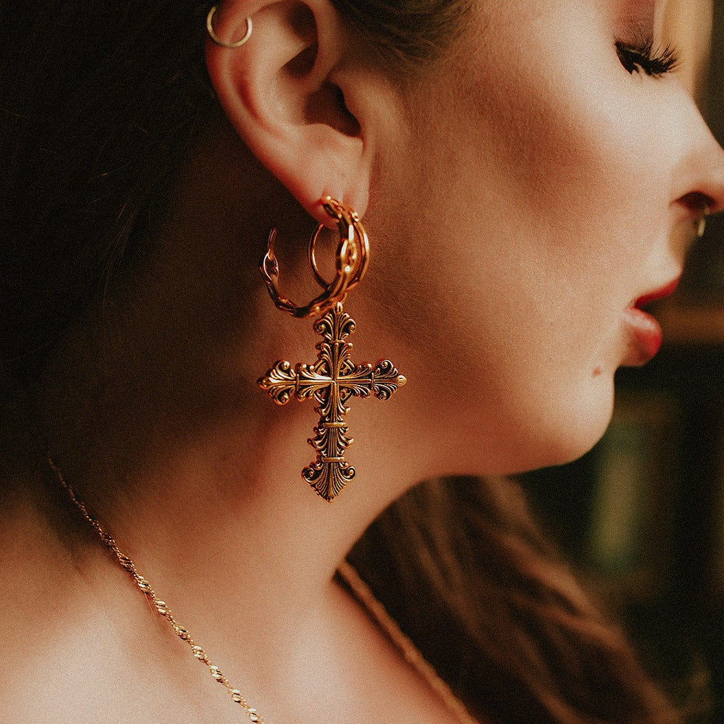 Lament Cross Hoop Earrings Gold Mysticum Luna