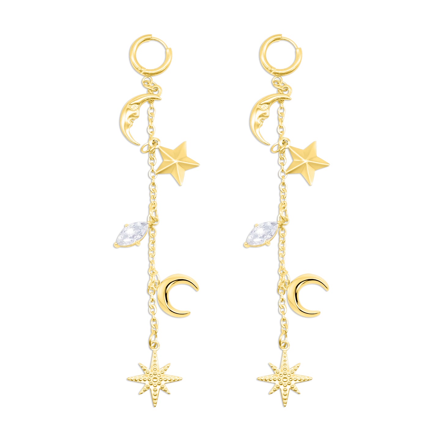 Gold Cassiopeia Star and Moon Earrings Mysticum Luna Gothic Jewellery