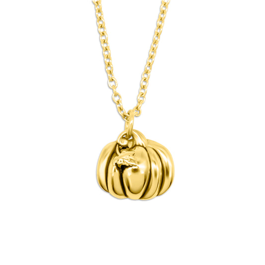 Gold necklace with a pumpkin pendant on a white background