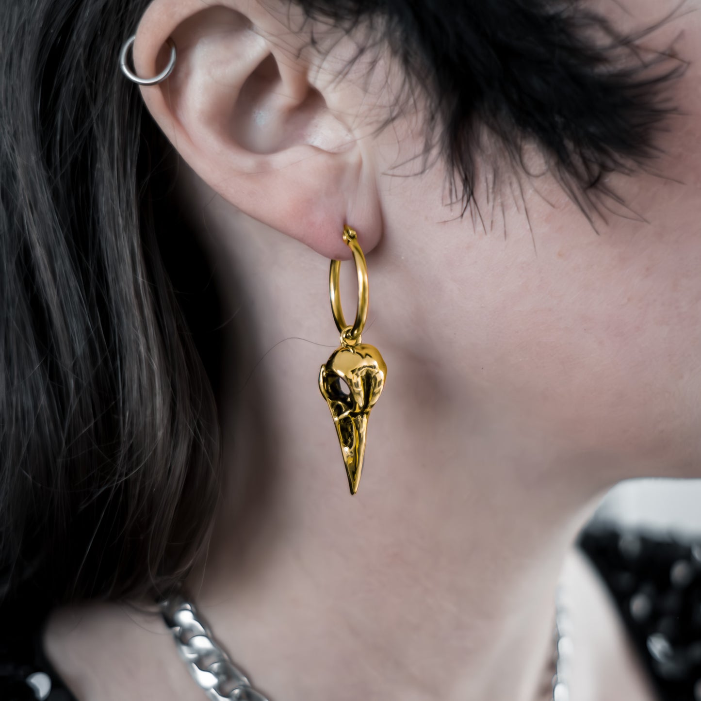 Gold Raven Bird Skull Earrings