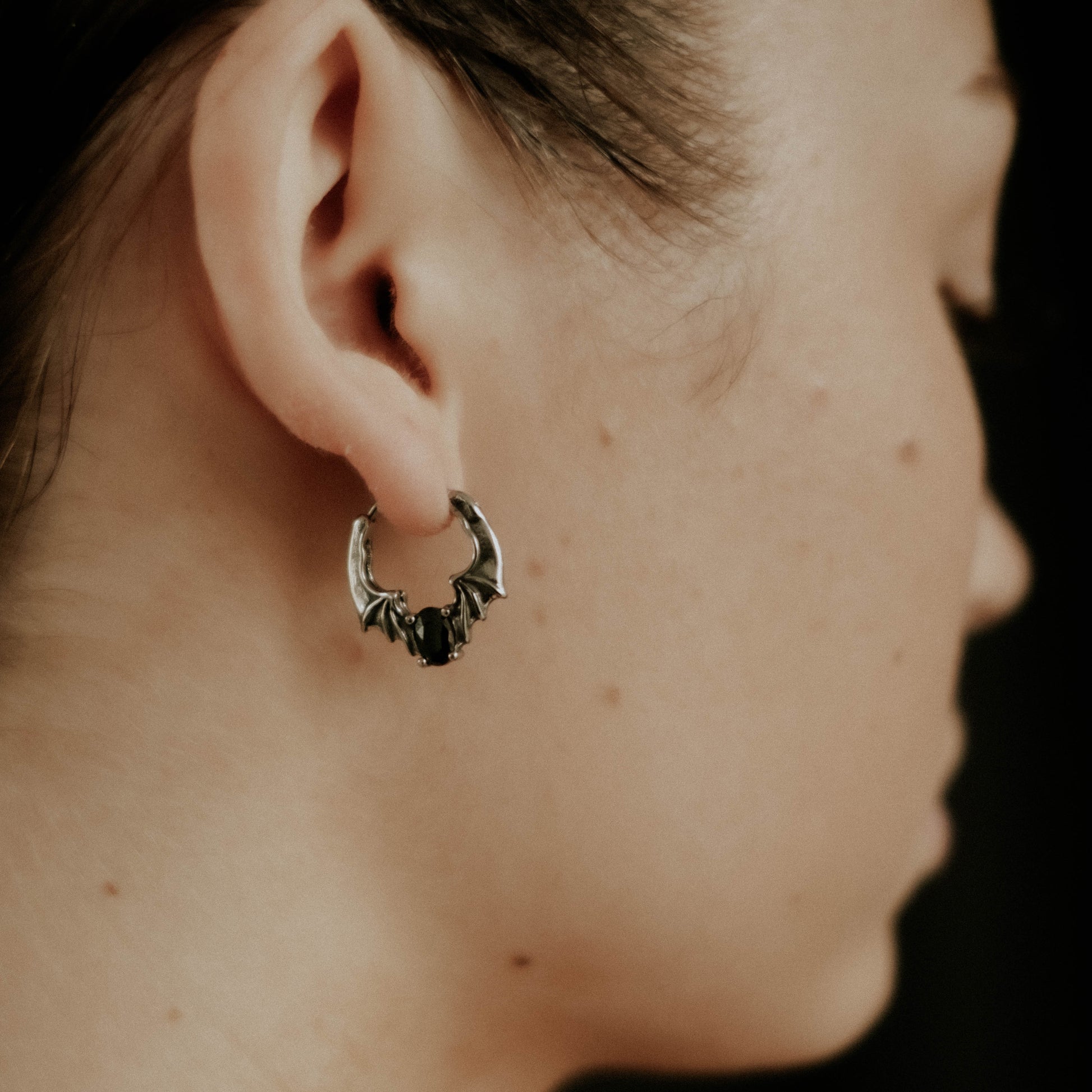 Nocturnal Black Gem Bat Hoop Earrings Mysticum Luna