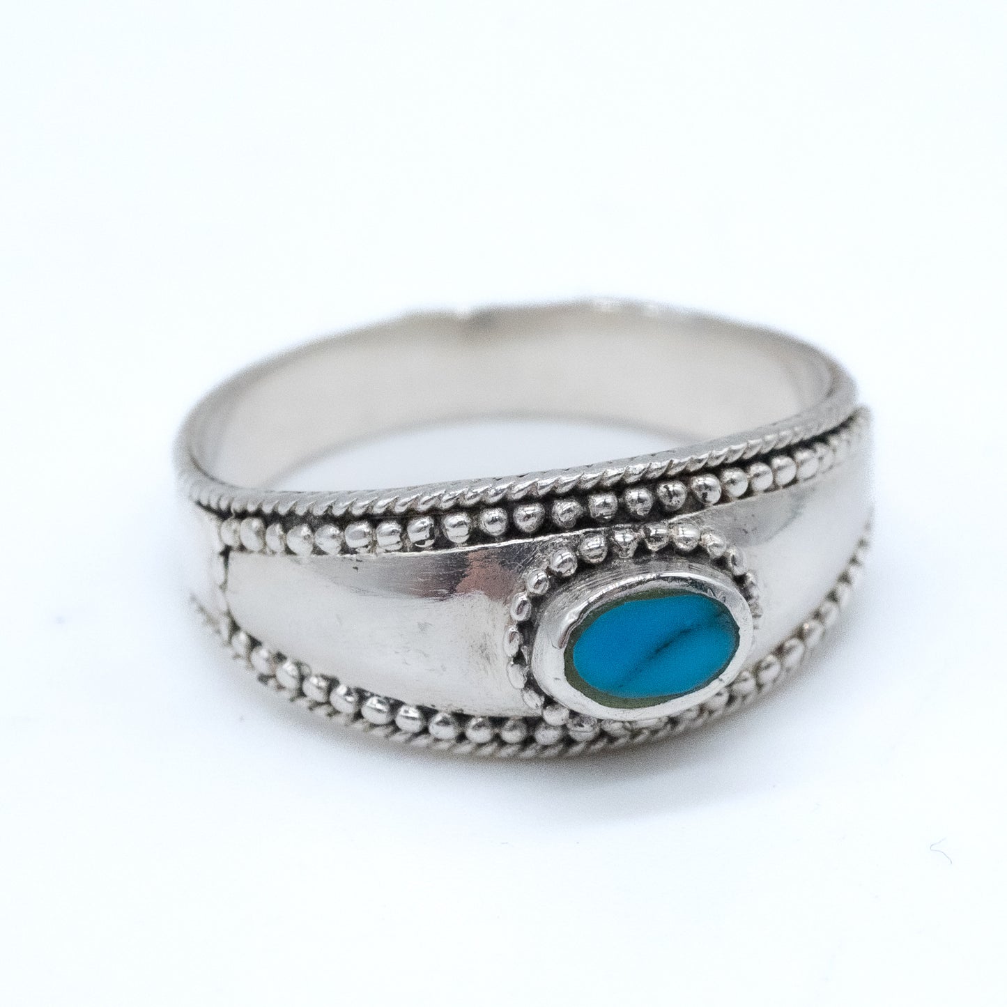 Sterling Silver Beaded Turquoise Dome Ring - Size UK S / US 9