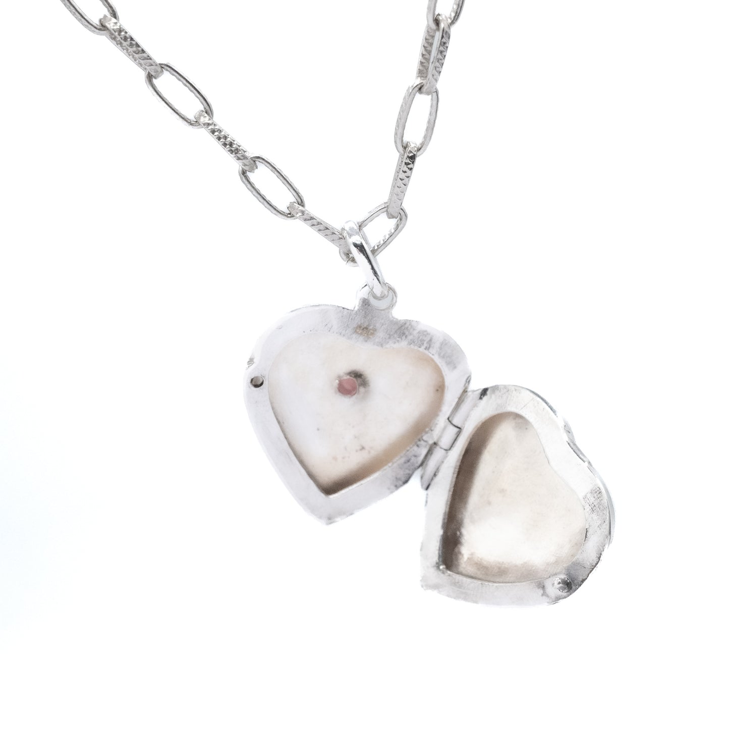 Sterling Silver Red Gem Heart Locket with Decorative Chain