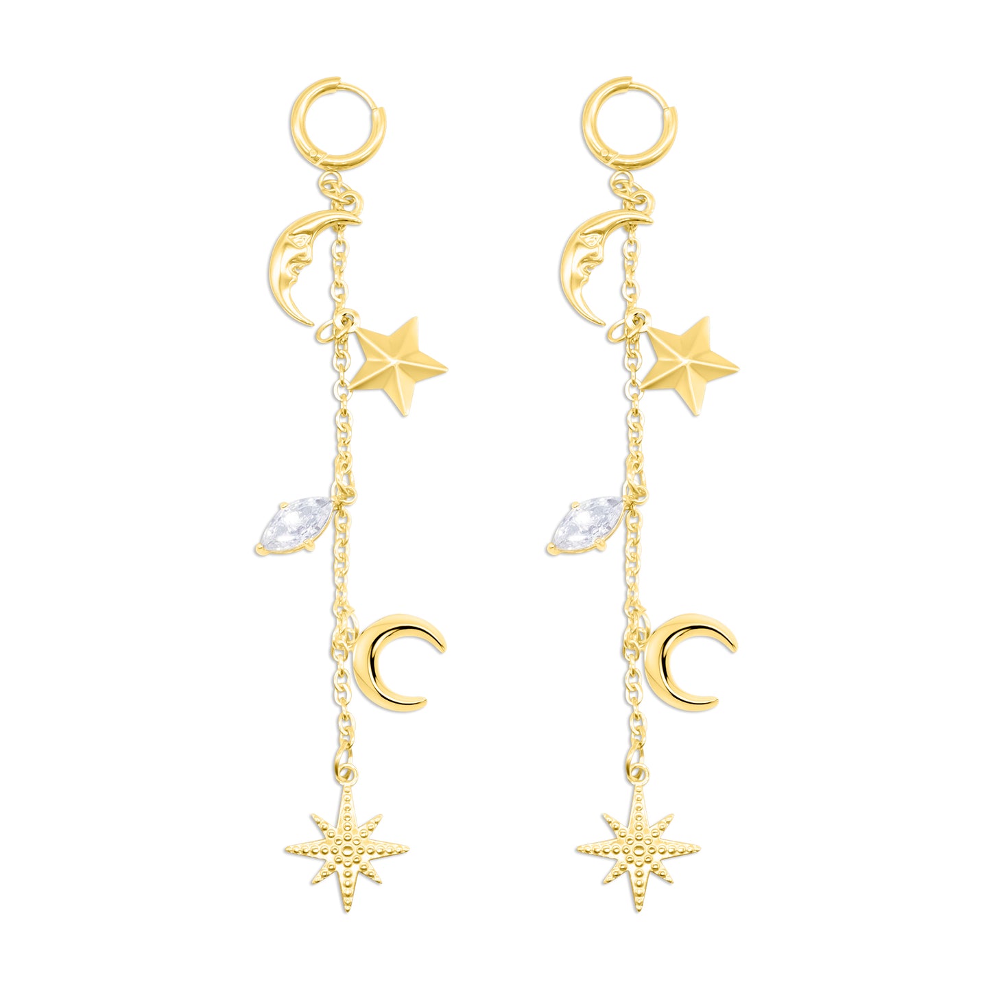 Gold Cassiopeia Star and Moon Earrings Mysticum Luna Gothic Jewellery