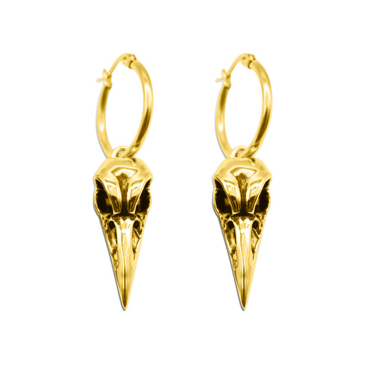 Gold Raven Bird Skull Earrings