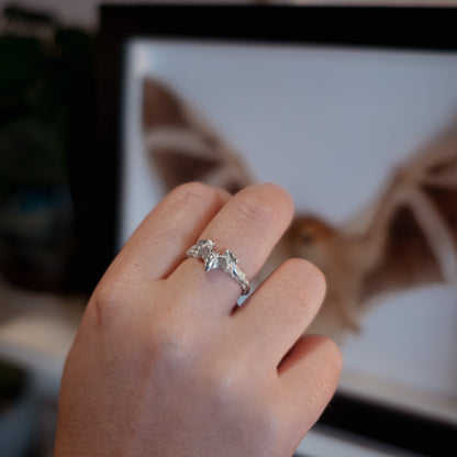 Hand wearing a silver bat ring against a blurred background