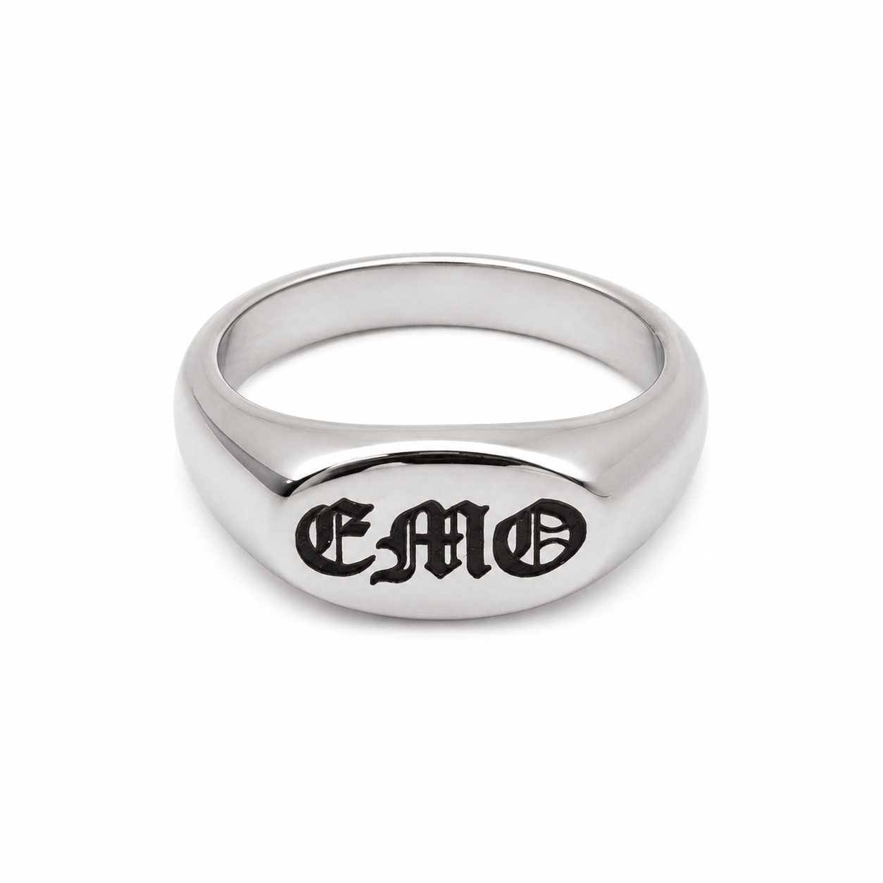 A polished silver signet ring engraved with the gothic-style letters 'EMO' on a clean white background.