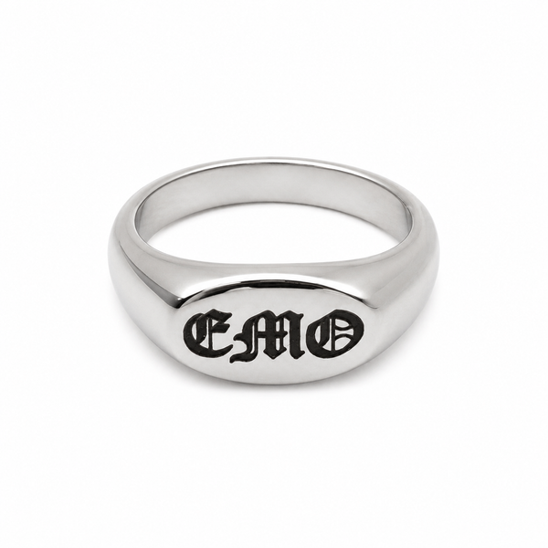 A polished silver signet ring engraved with the gothic-style letters 'EMO' on a clean white background.