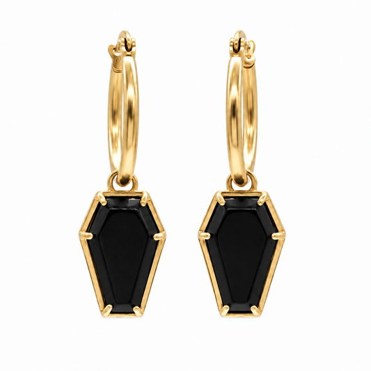 Gold Crypt Black Coffin Hoop Earrings