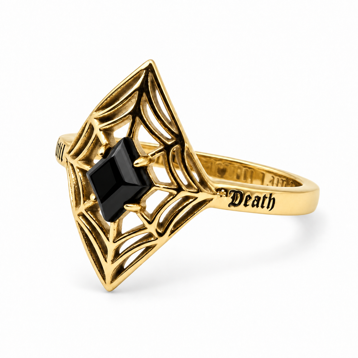 Gold Until Death Spiderweb Gemstone ring