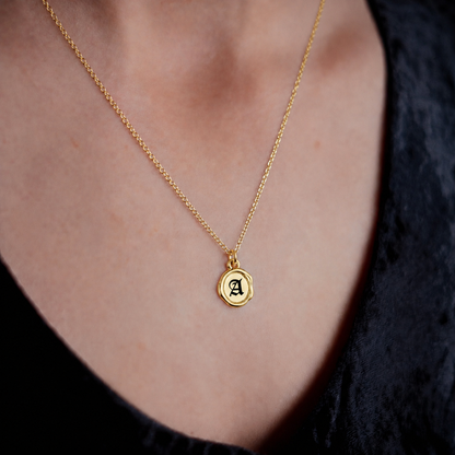 Gold Wax Seal Initial Pendant Necklace