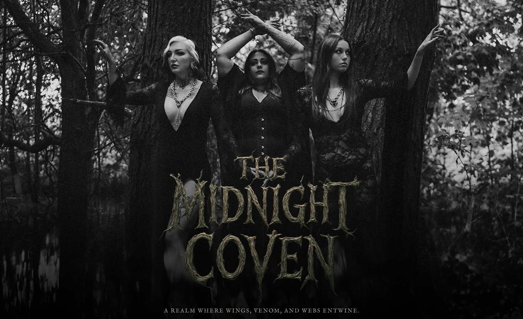 Black and white image of three women in a forest with 'The Midnight Coven' text.