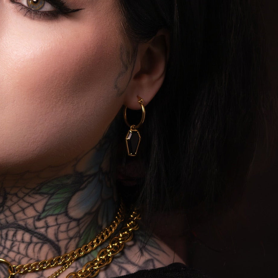 Gold Crypt Black Coffin Hoop Earrings