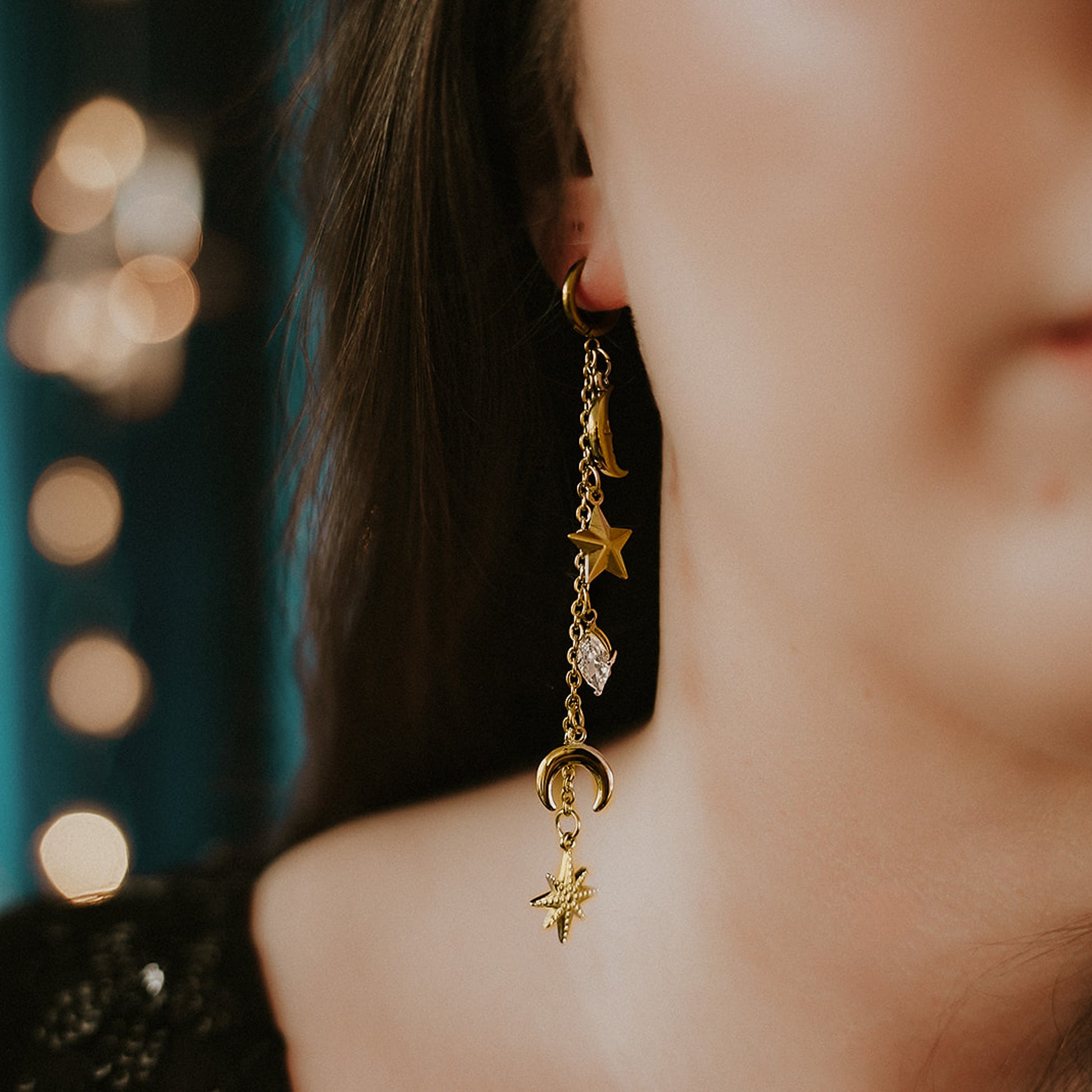 Gold Cassiopeia Star and Moon Earrings Mysticum Luna Gothic Jewellery