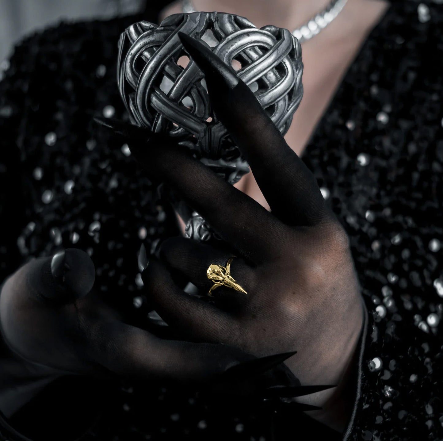 Gold Raven Bird Skull Ring