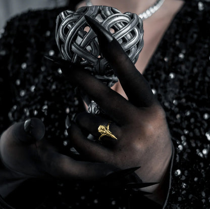 Gold Raven Bird Skull Ring