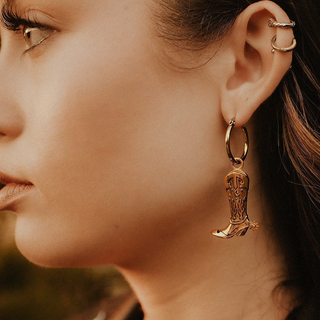 Hoedown Cowboy Boot Hoop Earrings Gold Mysticum Luna