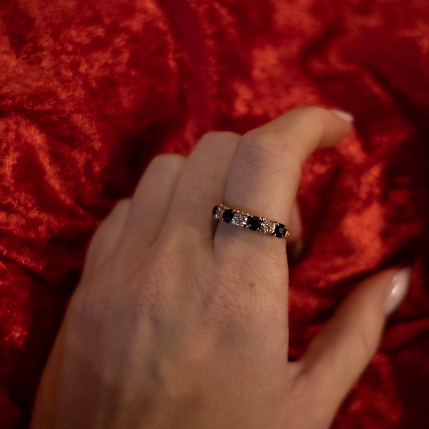 9ct Gold Diamond and Onyx Half Eternity Ring - Size Q / US 8