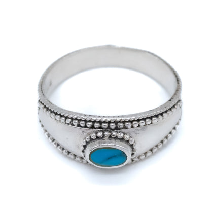 Sterling Silver Beaded Turquoise Dome Ring - Size UK S / US 9