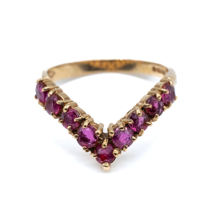 9ct Gold Garnet Wishbone Ring - Size UK O / US 7