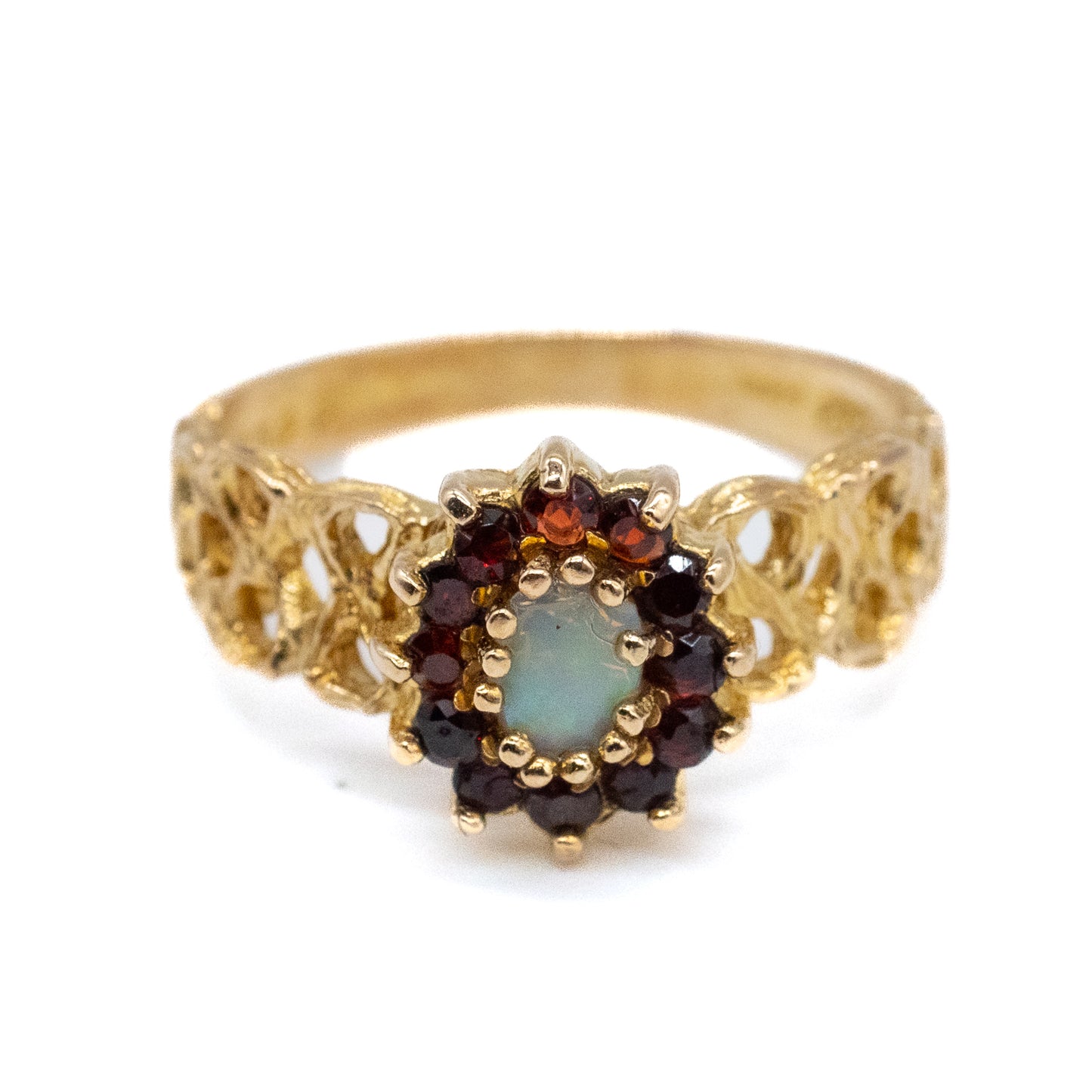 9ct Gold Garnet & Opal Flower Ring - UK O / US 7