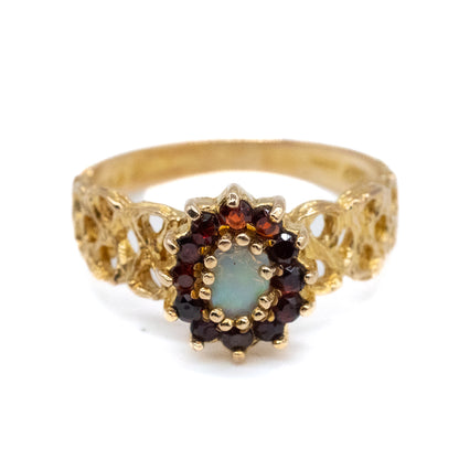 9ct Gold Garnet & Opal Flower Ring - UK O / US 7