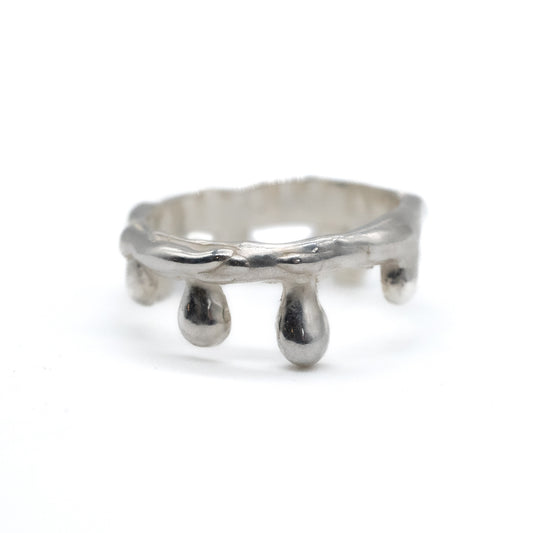 Silver ring with a unique design on a white background