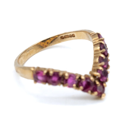 9ct Gold Garnet Wishbone Ring - Size UK O / US 7
