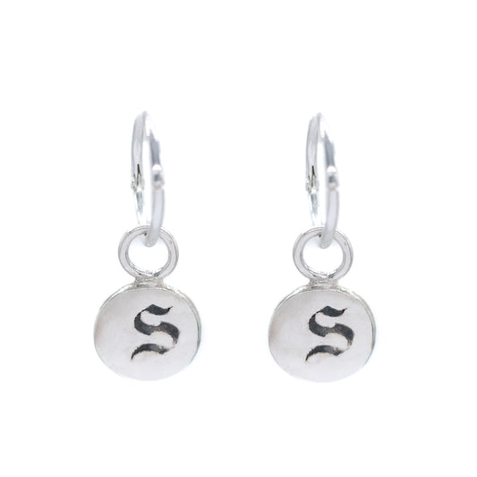 Pair of silver earrings with 'S' initials on a white background