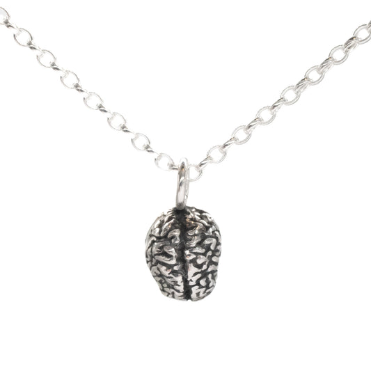 Silver necklace with a brain-shaped pendant on a white background