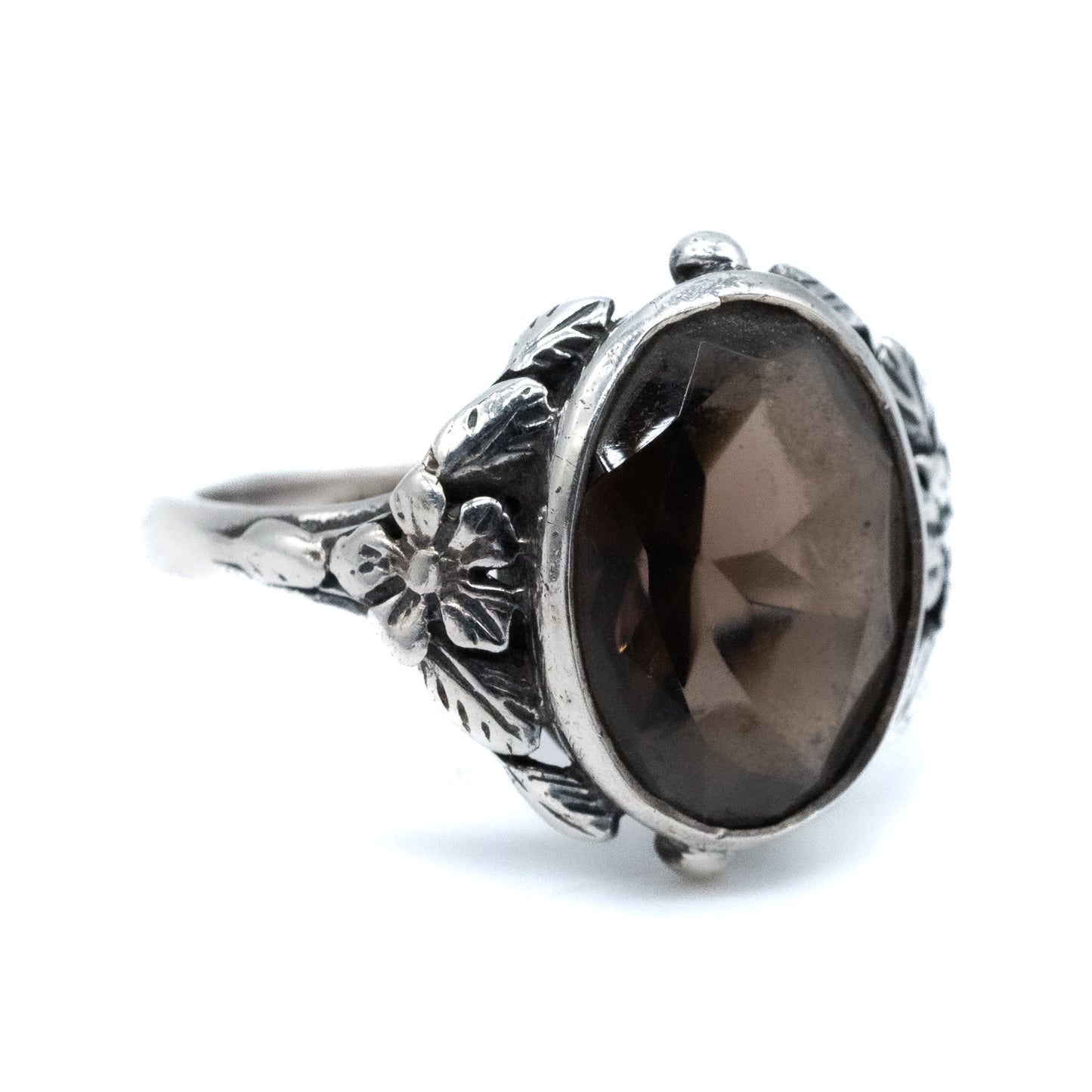 Sterling Silver Smoky Quartz Floral Ring - Size UK N / US 6.5