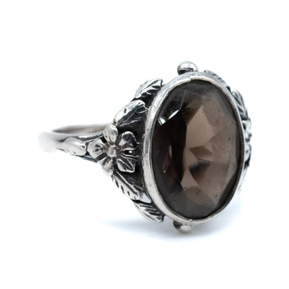 Sterling Silver Smoky Quartz Floral Ring - Size UK N / US 6.5