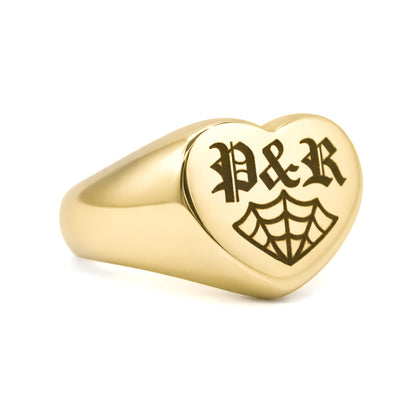 Gold Personalised Initial Spiderweb Heart Ring