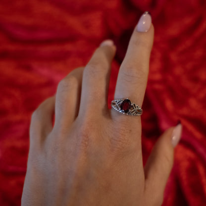 Sterling Silver Celtic Inspired Garnet Ring - Size UK O / US 7