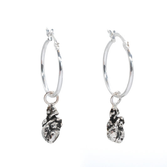 Silver hoop earrings with dangling heart-shaped charms on a white background