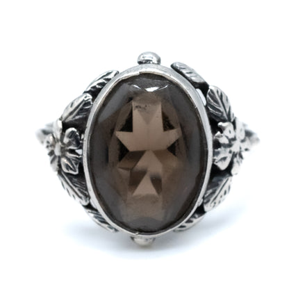 Sterling Silver Smoky Quartz Floral Ring - Size UK N / US 6.5