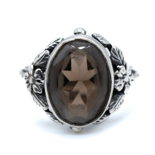 Sterling Silver Smoky Quartz Floral Ring - Size UK N / US 6.5