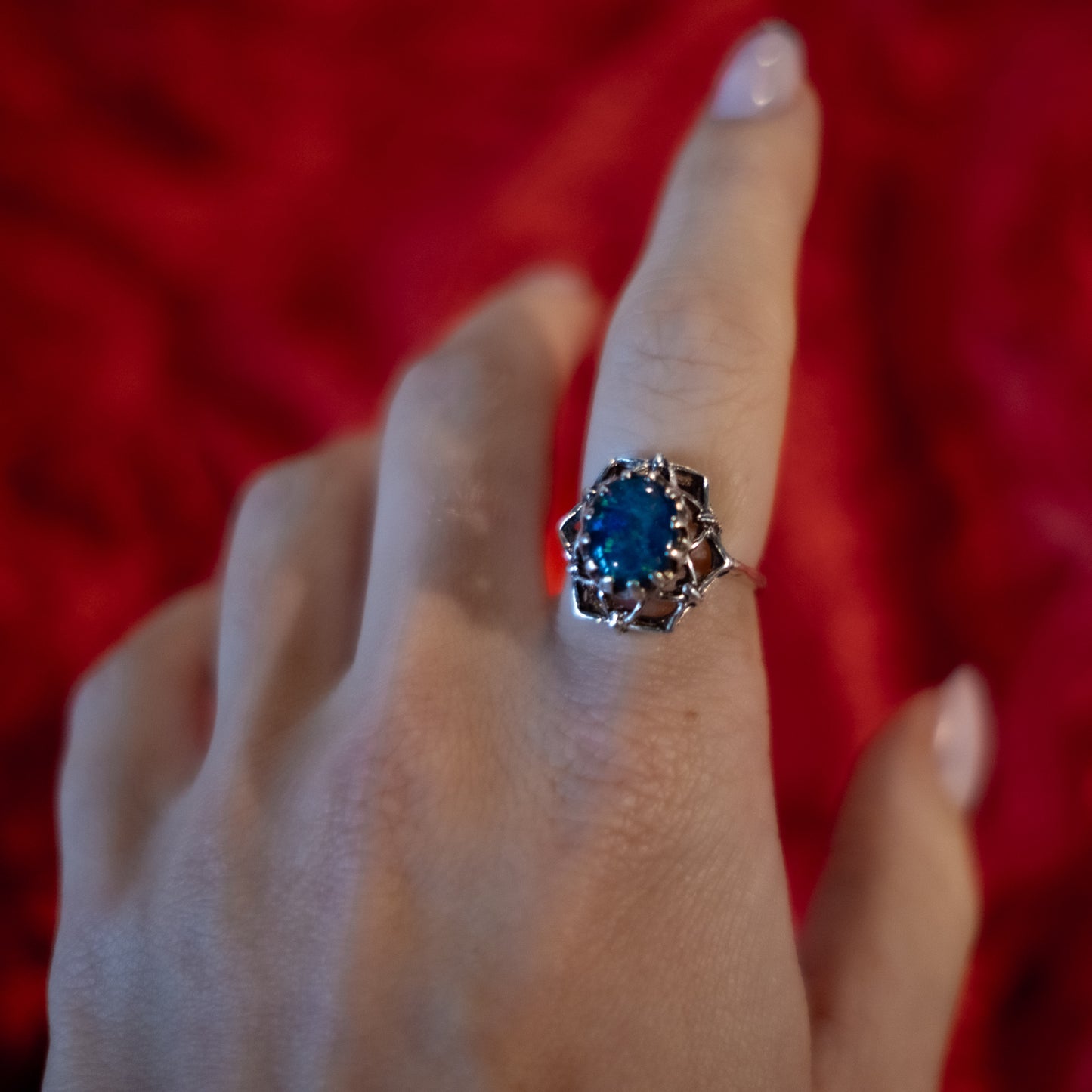 Sterling Silver Doublet Opal Ring - Size UK M / US 6