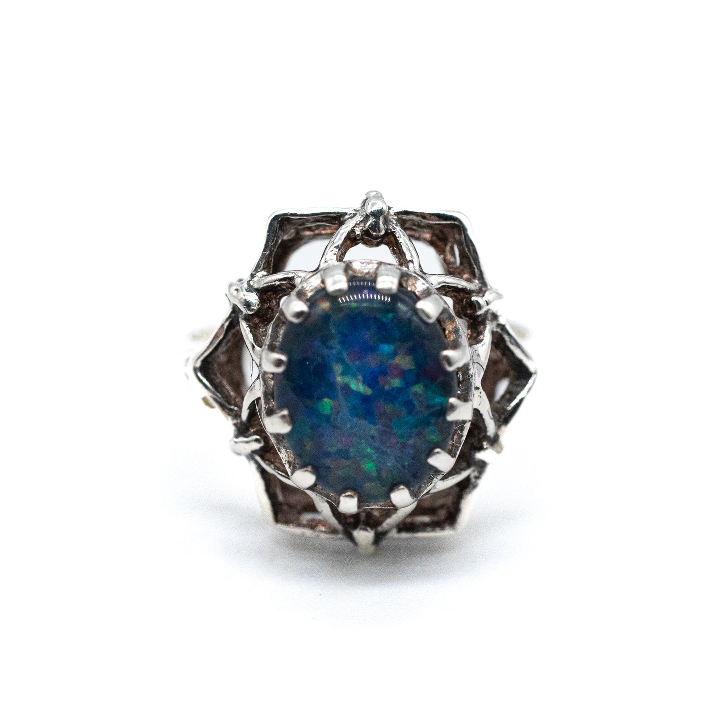 Sterling Silver Doublet Opal Ring - Size UK M / US 6