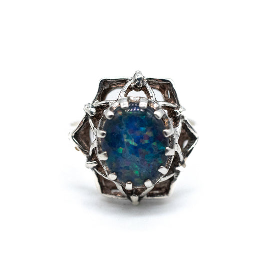 Sterling Silver Doublet Opal Ring - Size UK M / US 6