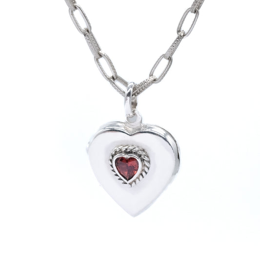 Sterling Silver Red Gem Heart Locket with Decorative Chain
