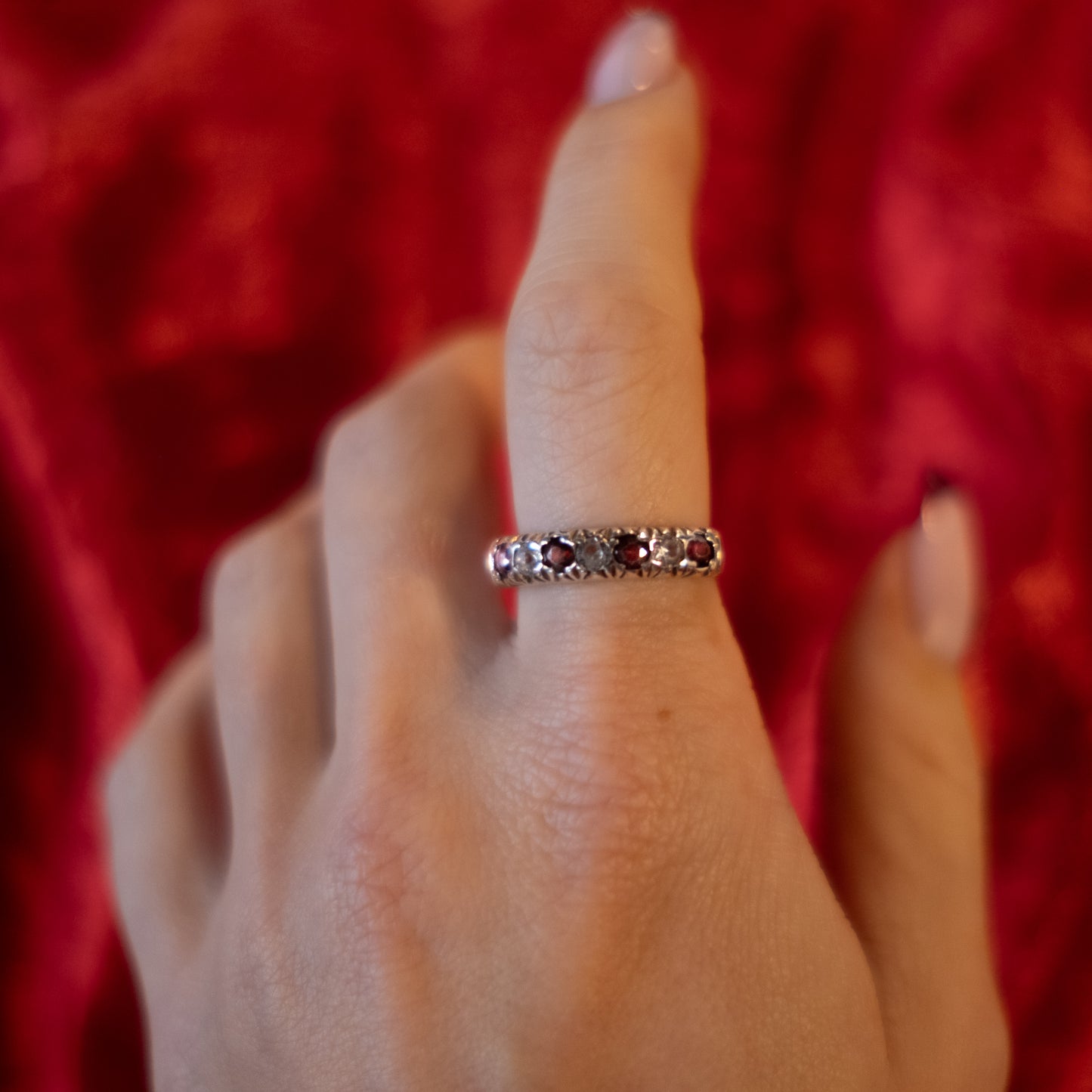 Sterling Silver Diamond and Garnet Half Eternity Ring - Size UK P / US 7.5