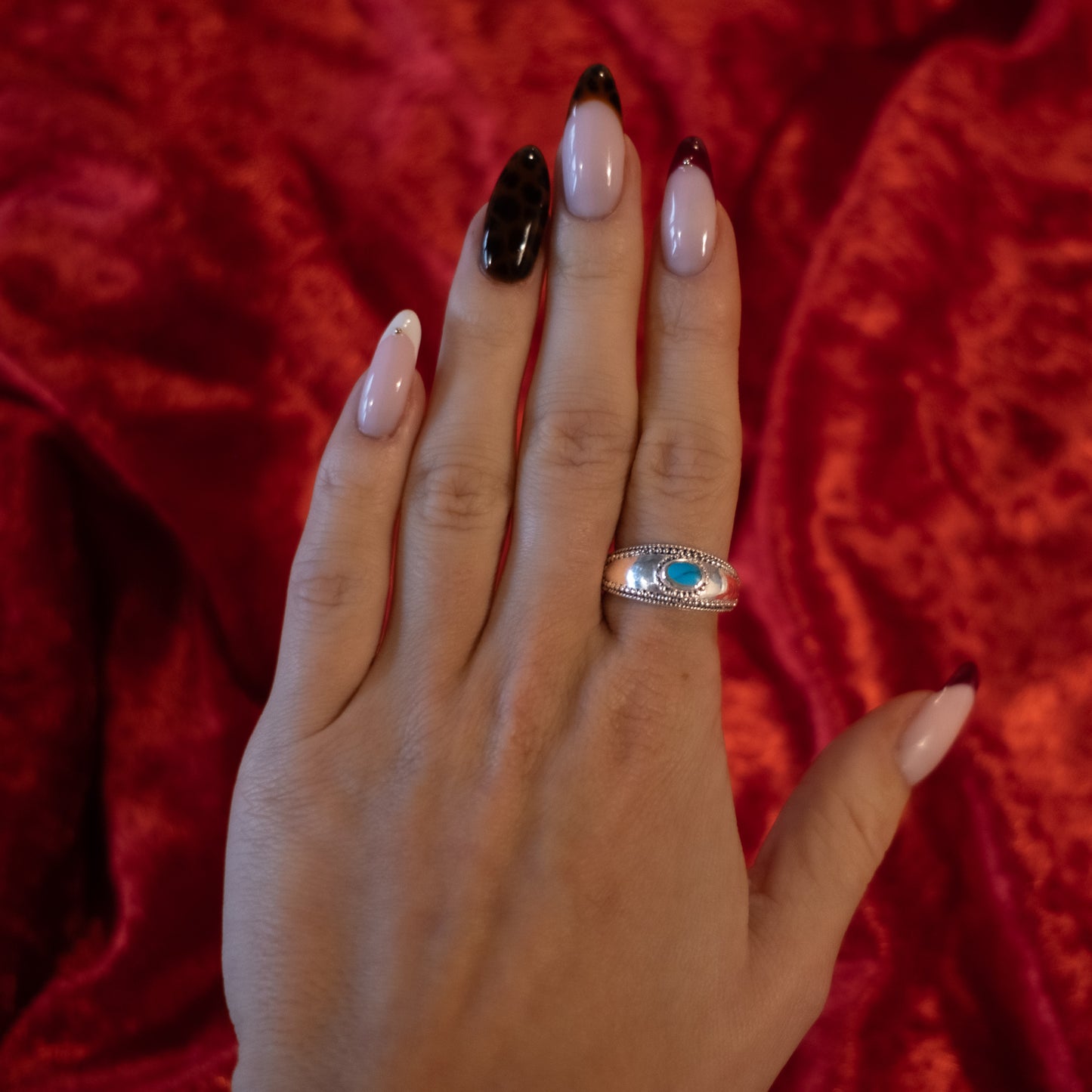 Sterling Silver Beaded Turquoise Dome Ring - Size UK S / US 9