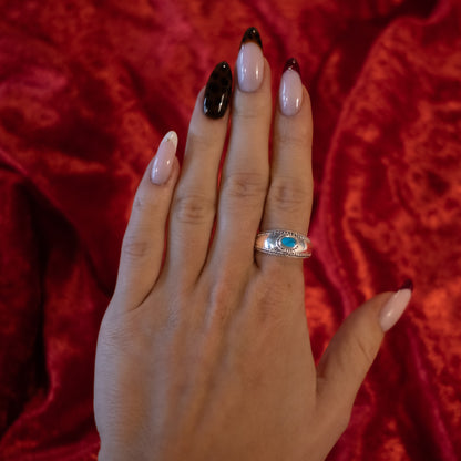 Sterling Silver Beaded Turquoise Dome Ring - Size UK S / US 9